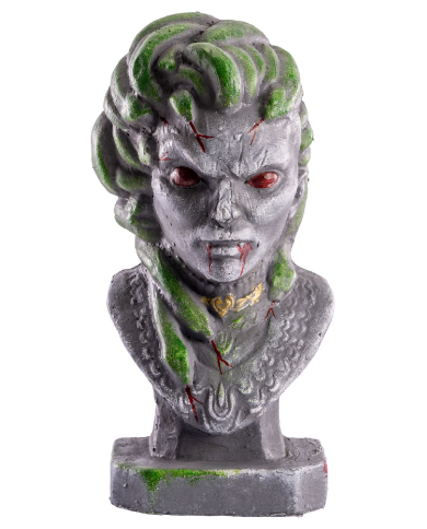 Busto con serpientes de poliestireno con piqueta de unos 43 cm. de alto con etiqueta colgante/etiqueta