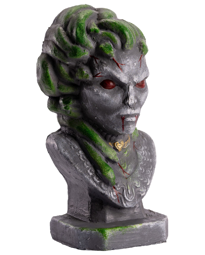 Busto con serpientes de poliestireno con piqueta de unos 43 cm. de alto con etiqueta colgante/etiqueta