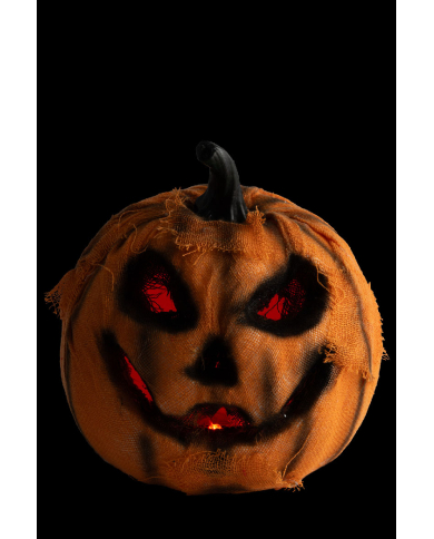 Zucca con tela di juta arancione e luci diam.cm.16 ca. (batterie escluse) con cartellino/etichetta