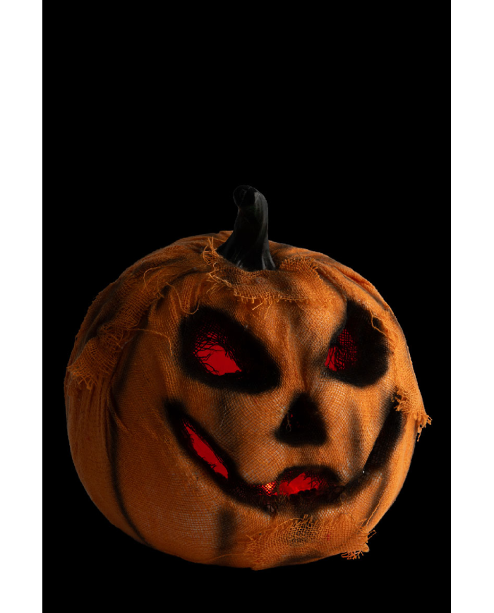 Calabaza con tela de yute naranja y luces de unos 16 cm. de diámetro (pilas no incluidas) con etiqueta colgante/etiqueta