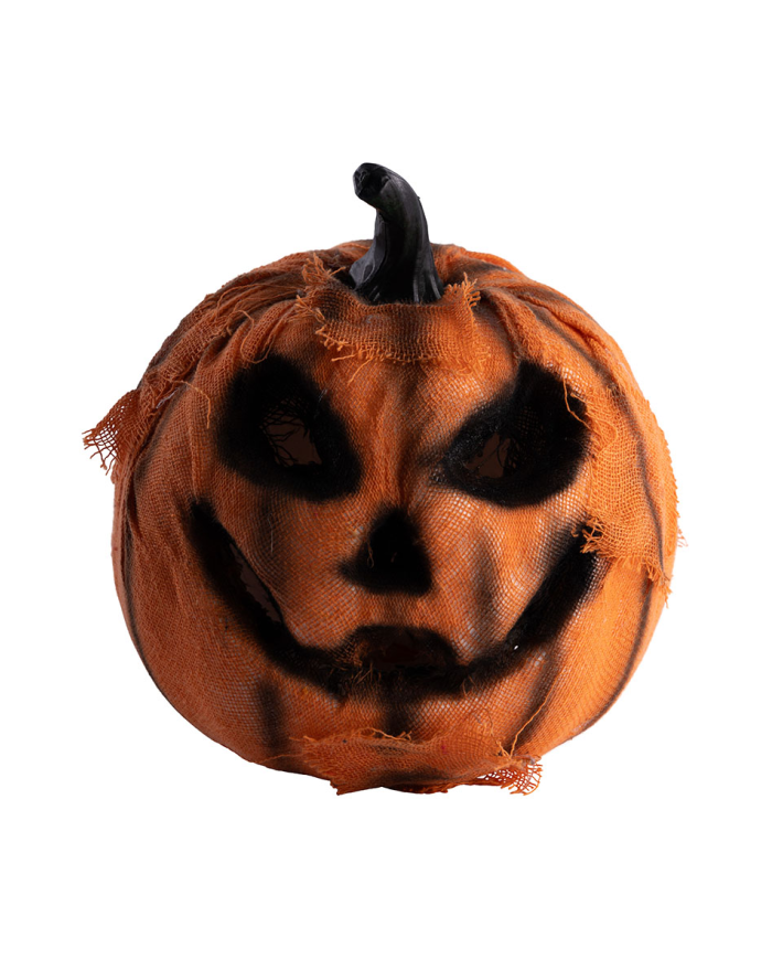 Zucca con tela di juta arancione e luci diam.cm.16 ca. (batterie escluse) con cartellino/etichetta