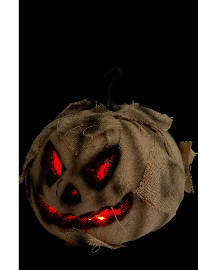 Calabaza con tela de yute y luces de unos 16 cm. de diámetro (pilas no incluidas) con etiqueta colgante/etiqueta