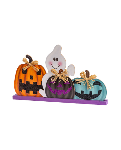 Halloween-Dekoration aus MDF zum Aufhängen L. ca. 34 cm mit kleinen Kürbissen mit Pappschild/Etikett