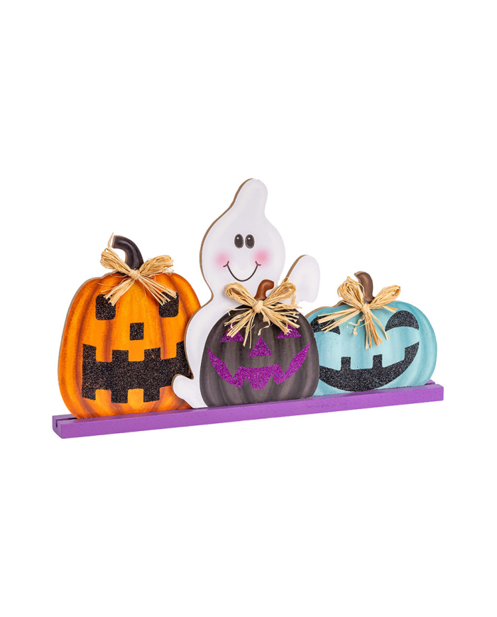 Adorno Halloween de MDF para colgar de unos 34 cm. de largo con calabazas con etiqueta colgante/etiqueta