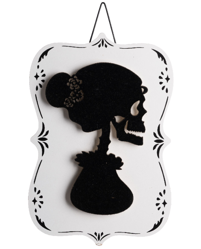 Decorazione scheletrina d'appendere in MDF h.cm.15x23 con cartellino/etichetta