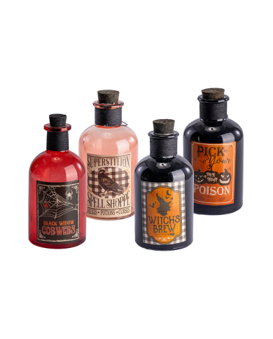 Bouteille potion magique en verre, hauteur 14 cm environ 4 modèles assortis avec étiquette volante/étiquette