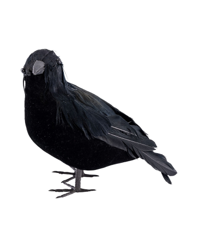 Corbeau en velours et plumes, hauteur 16 cm environ avec étiquette volante/étiquette