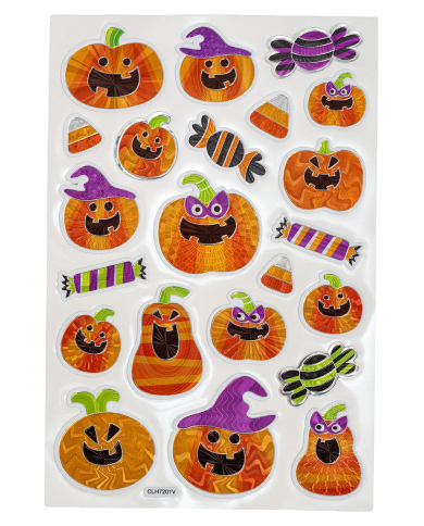 Fiche autocollants citrouilles dans un sachet sur papier cartonné