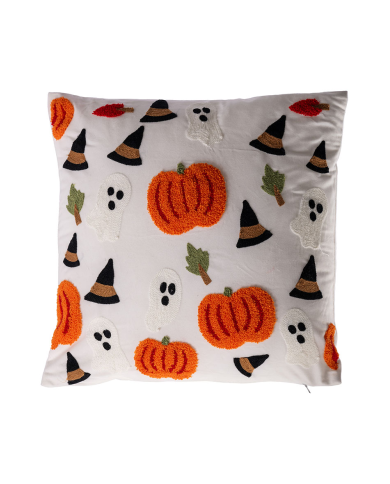 Funda de cojín de tela iconos Halloween de unos 45x45 cm. de alto con etiqueta colgante/etiqueta