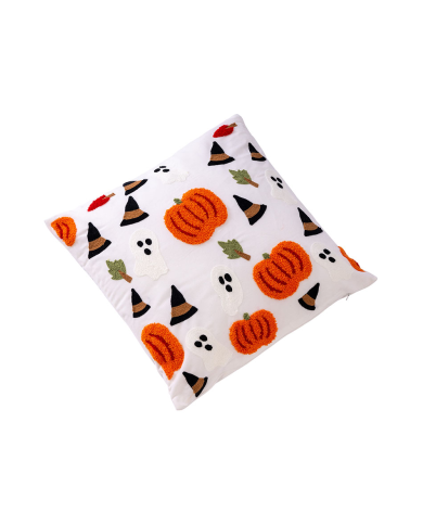 Funda de cojín de tela iconos Halloween de unos 45x45 cm. de alto con etiqueta colgante/etiqueta