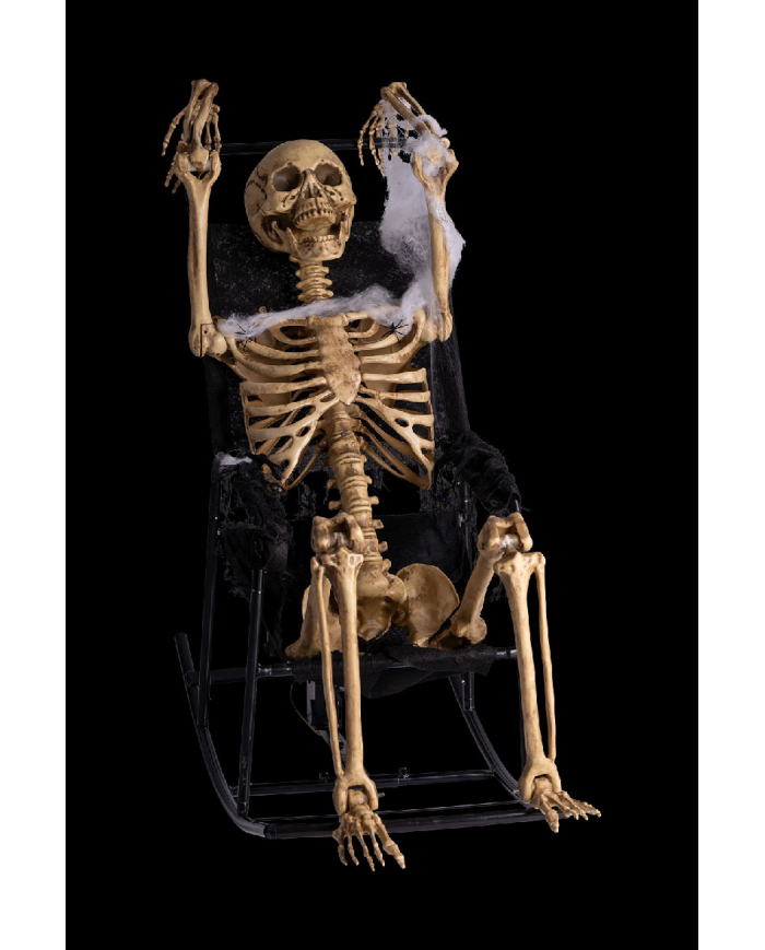 Skeleton in rocking chair with sound, lights and movement (220 volt) in box