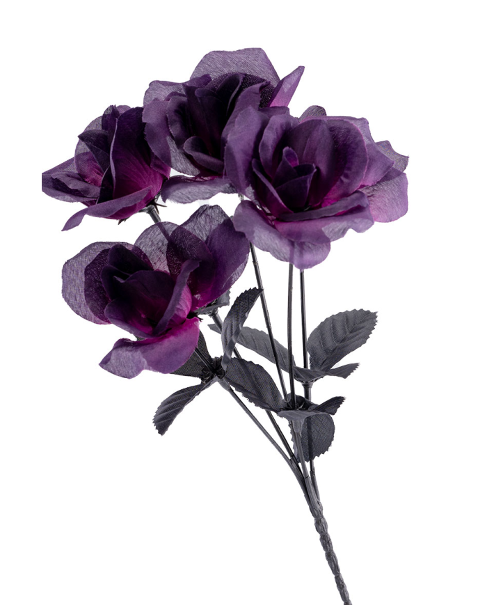 Ramo de 5 rosas moradas de unos 32 cm. de alto de plástico con etiqueta colgante/etiqueta