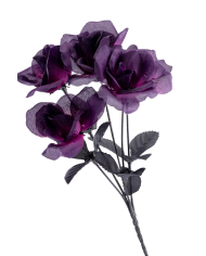 5 purple plastic roses bouquet with hangtag/label