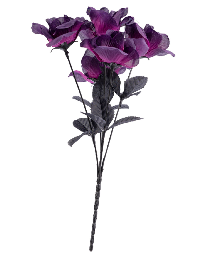5 purple plastic roses bouquet with hangtag/label
