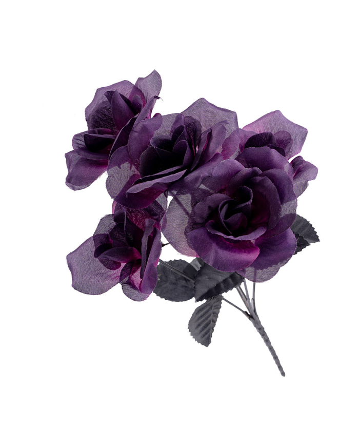 Strauß 5 violette Rosen H. ca. 32 cm aus Kunststoff mit Pappschild/Etikett