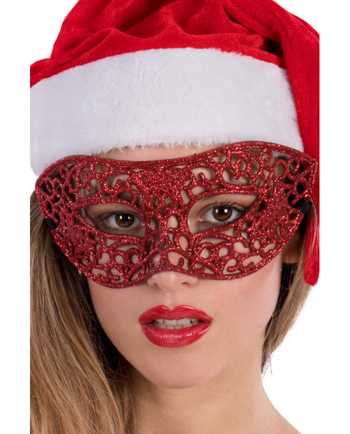 Carved chinless mask with red glitter, ideal for New Year's Eve