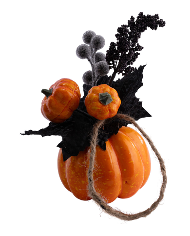 Bouquet floral Halloween dans un petit pot citrouille en plastique, hauteur 18 cm environ avec étiquette volante/étiquette