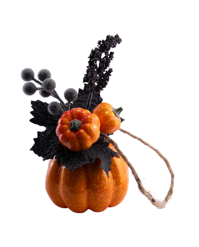 Bouquet floral Halloween dans un petit pot citrouille en plastique, hauteur 18 cm environ avec étiquette volante/étiquette