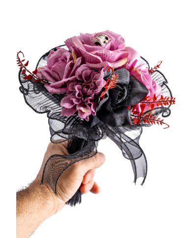 Bouquet floral noir et rose, hauteur 25 cm environ avec étiquette volante/étiquette