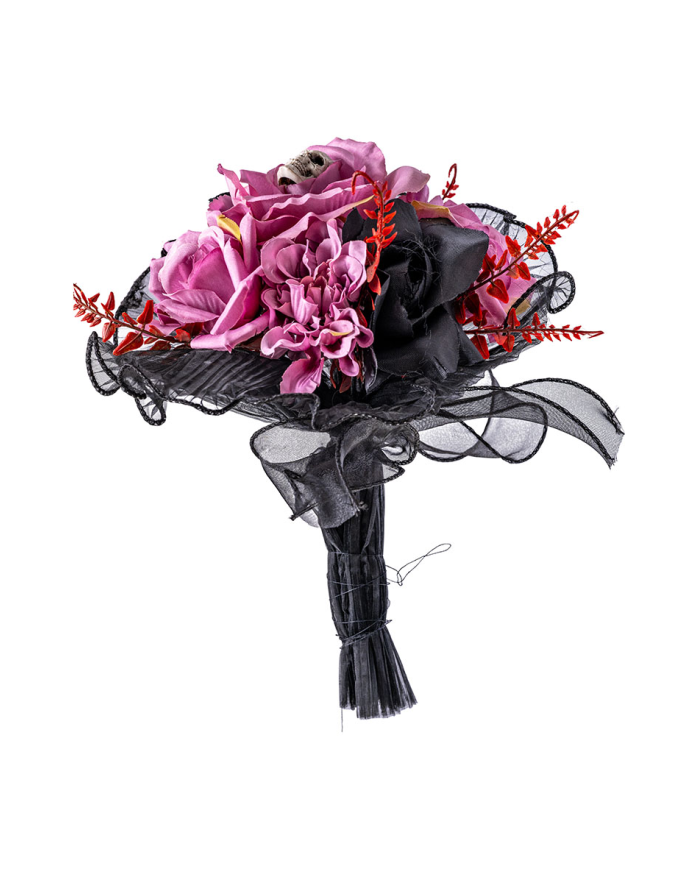 Bouquet floral noir et rose, hauteur 25 cm environ avec étiquette volante/étiquette