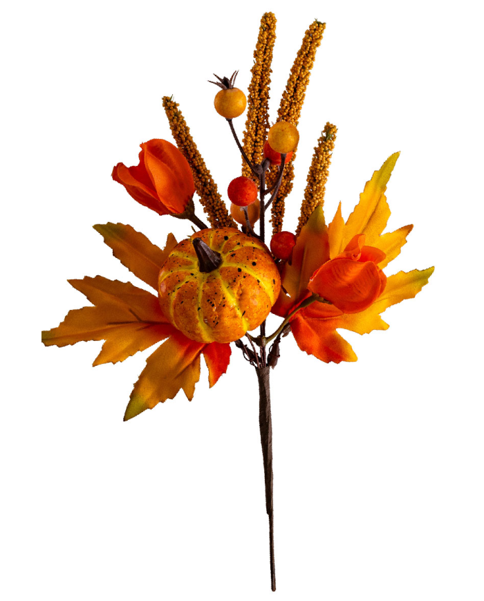 Ramo floral de otoño sobre tallo de unos 30 cm. de alto con etiqueta colgante/etiqueta