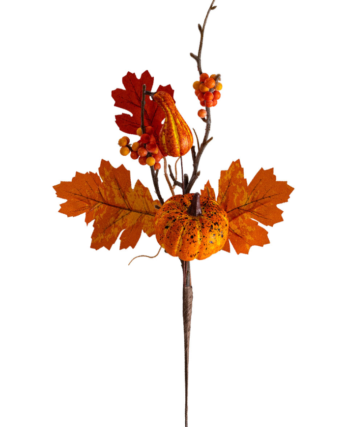 Ramo floral de otoño sobre tallo de unos 30 cm. de alto con etiqueta colgante/etiqueta