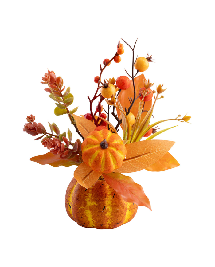 Ramo floral de otoño en maceta calabaza de poliestireno de unos 18 cm. de alto con etiqueta colgante/etiqueta