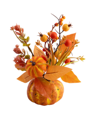 Autumn flower bouquet in pumpkin polystirene vase h. cm. 18 with label