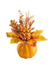 Herbst-Blumenstrauß im Kürbis-Topf aus Polystyrol H. ca. 16 cm mit Pappschild/Etikett