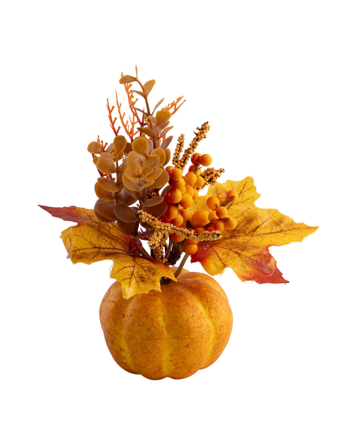 Herbst-Blumenstrauß im Kürbis-Topf aus Polystyrol H. ca. 16 cm mit Pappschild/Etikett