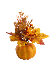 Mazzo floreale autunno in vasetto zucca polistirolo h.cm.16 ca. con cartellino/etichetta
