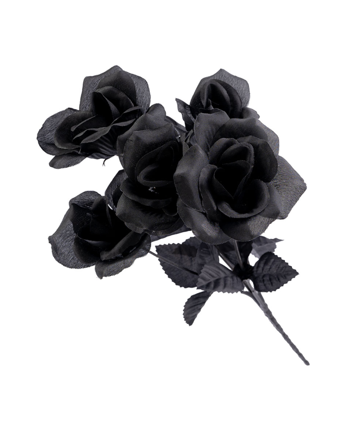 Bouquet de 5 roses noires, hauteur 32 cm environ en plastique avec étiquette volante/étiquette