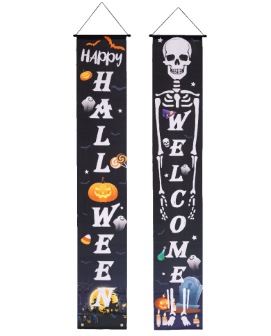 2 pancartas de tela Happy Halloween de unos 180 cm. de alto x 30 cm. de largo en bolsa con solapa de cartón