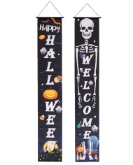 2 bannières en tissu Happy Halloween h. 180 x l. 30 cm environ dans un sachet avec carte d’en-tête