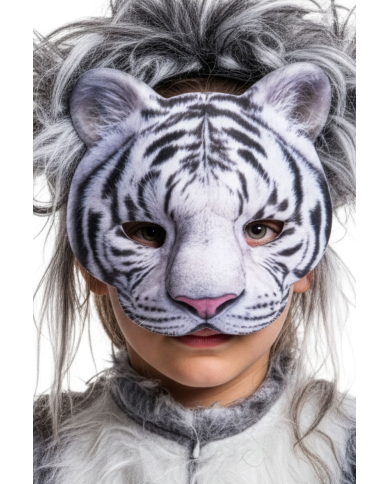 Weiße Tigermaske aus Stoff auf Pappkarton