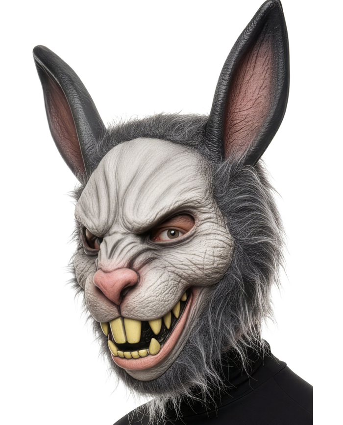 Maschera coniglio horror in plastica con pelo con cartellino/etichetta