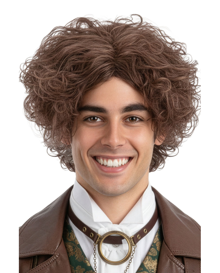 Parrucca castana riccia uomo in valigetta