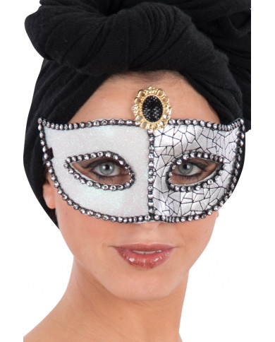 MASCHERA BIANCA IN PLASTICA CON DECORAZIONI GLITTER ARGENTO IN BUSTA