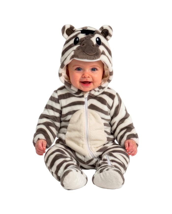 ZEBRA FLEECE JUMPSUIT W/HOOD , SIZE 00 (6/12 MONTHS) IN BAG W/HOOK