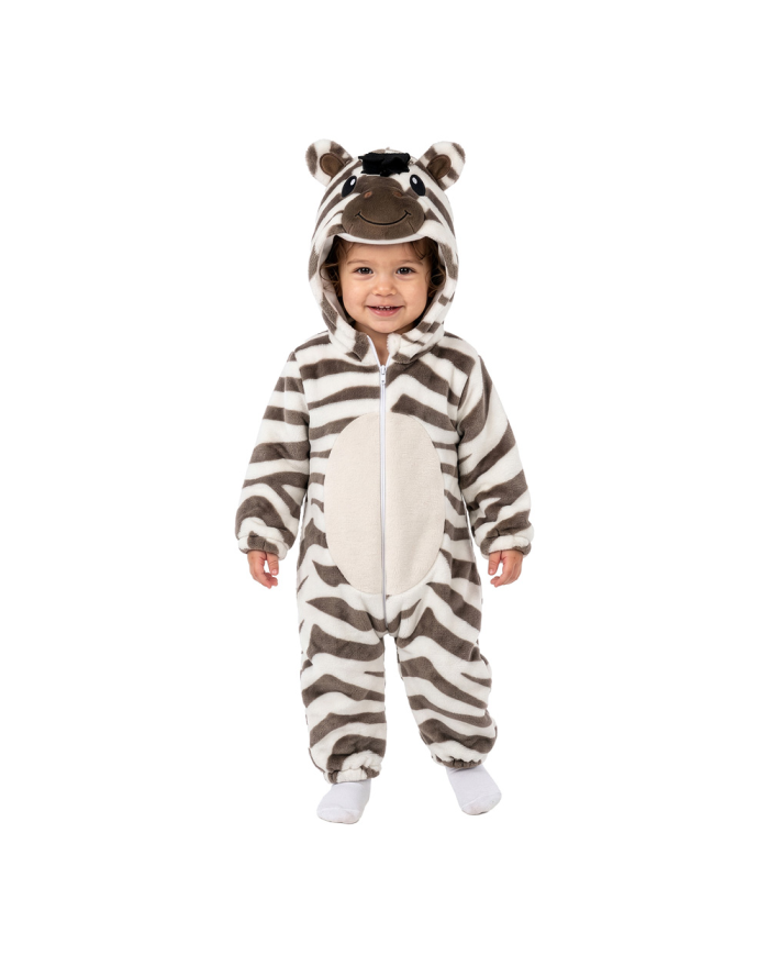 ZEBRA FLEECE JUMPSUIT W/HOOD , SIZE 00 (6/12 MONTHS) IN BAG W/HOOK