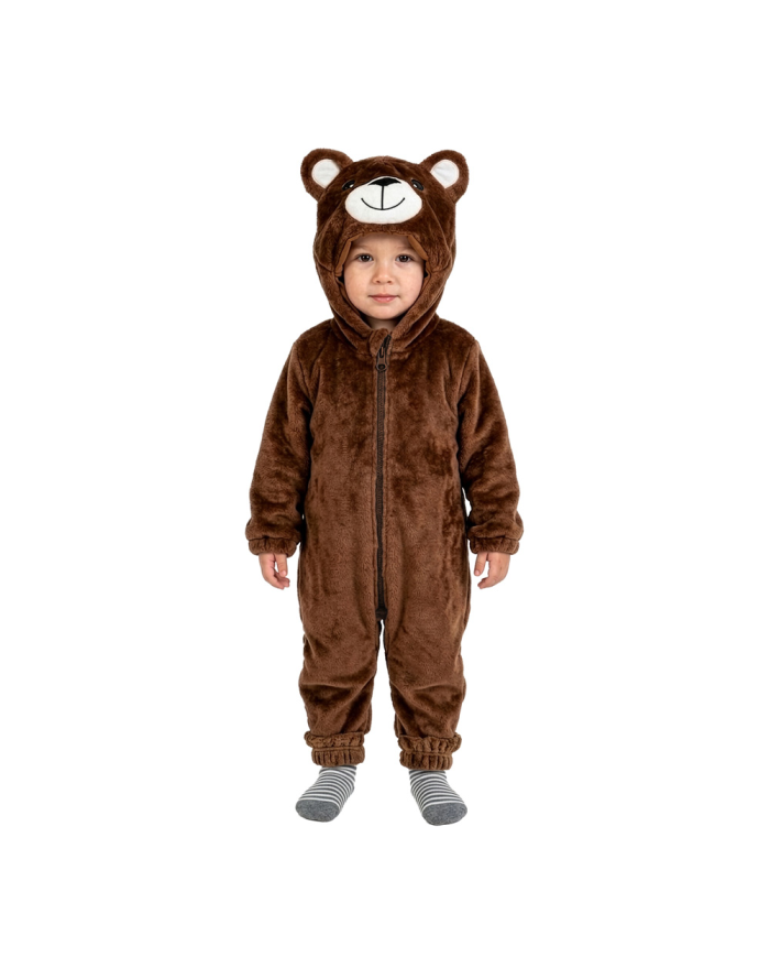 GRENOUILLÈRE OURSON TAILLE 00 (6/12 MOIS) EN FAUSSE FOURRURE POLAIRE AVEC CAPUCHE, EN SAC AVEC CROCHET