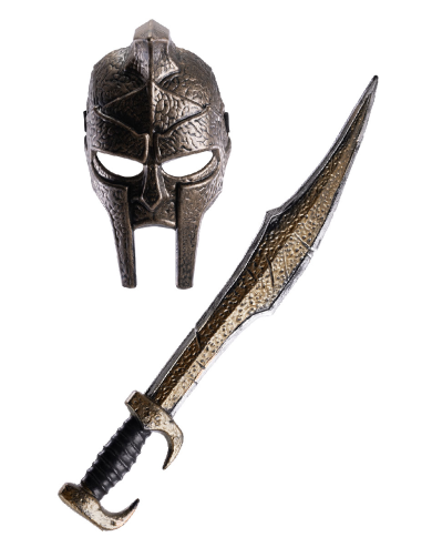 Ensemble masque et épée romain en plastique, longueur 60 cm environ sur papier cartonné
