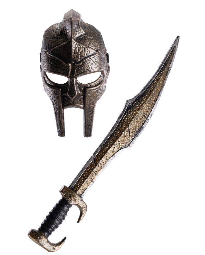 Ensemble masque et épée romain en plastique, longueur 60 cm environ sur papier cartonné