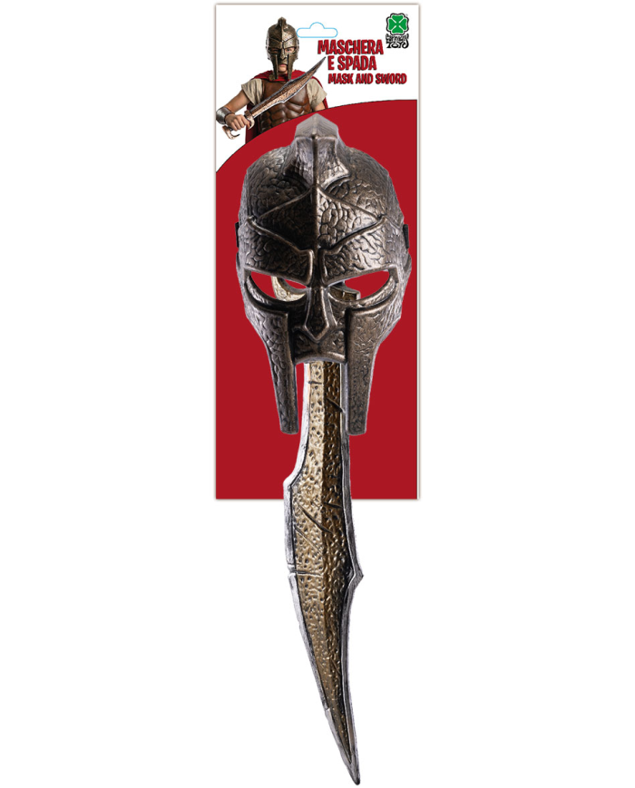 Conjunto máscara y espada romano de plástico de unos 60 cm. de largo sobre cartoncillo