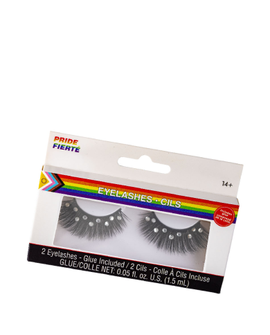 Black adhesive eyelashes with rhinestones in box
