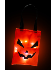 Bolso calabaza de unos 27x20 cm. de alto con luces de tela plastificada con etiqueta colgante/etiqueta