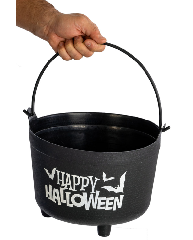 Caldero Happy Halloween de unos 32 cm. de diámetro x 22 cm. de alto de plástico con etiqueta colgante/etiqueta