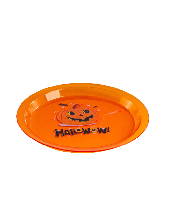 Plato centro de mesa naranja de plástico de unos 24 cm. de diámetro con etiqueta colgante/etiqueta