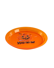 Plato centro de mesa naranja de plástico de unos 24 cm. de diámetro con etiqueta colgante/etiqueta
