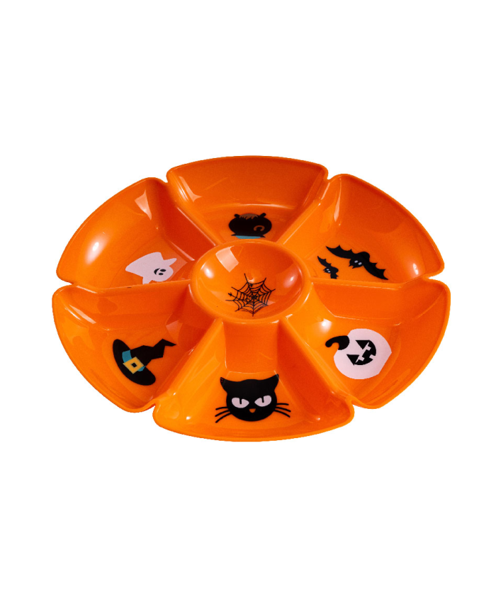 Plato centro de mesa naranja de plástico de unos 30 cm. de diámetro con etiqueta colgante/etiqueta